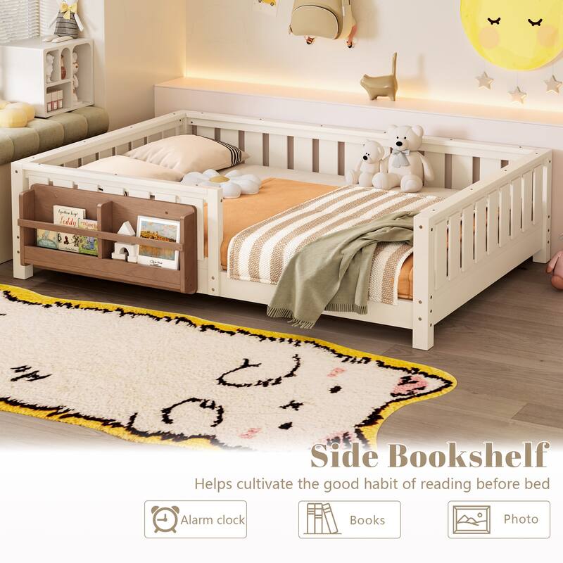 Montessori Floor Bed Low Profile Kids Bed with Rails & Bookshelf