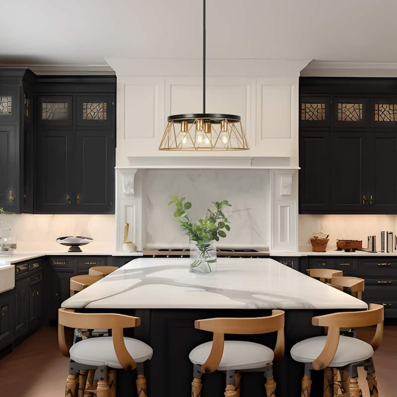 4-Light Modern Industrial Geometric Chandelier Black Gold Kitchen Island Light for Dining Room