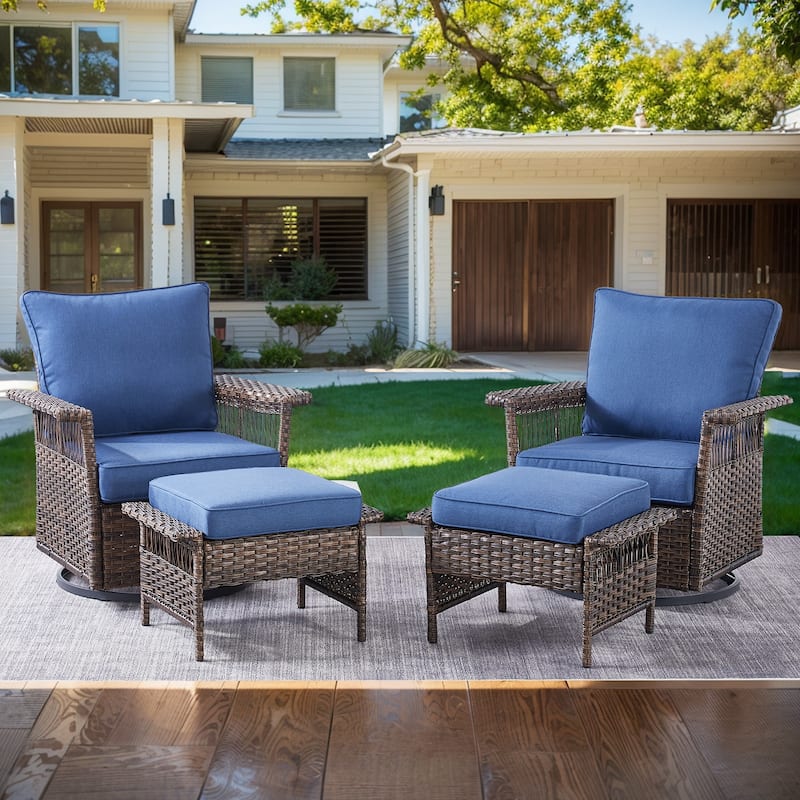 Pocassy Outdoor Swivel Chairs with Sofa Chair Ottoman and Table Set - Brown Wicker Blue Cushion - 4-Piece Swivel Chair with Ottoman