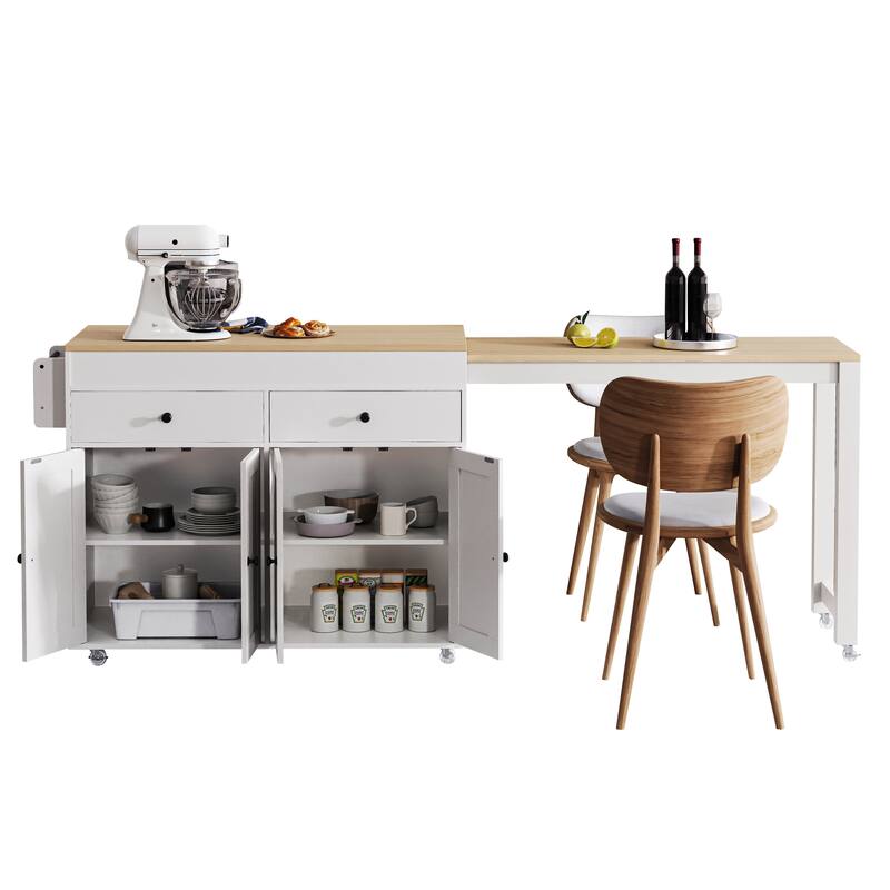 Kitchen Island with Extendable Dining Table, Rolling Island Cart on Locking Wheels, Breakfast Bar with 2 Drawers & 4 Door