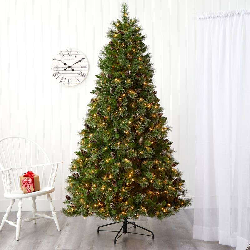 7.5Ft Artificial Christmas Tree with Lights - Golden Washington Pine Holiday Decor - Green - 84