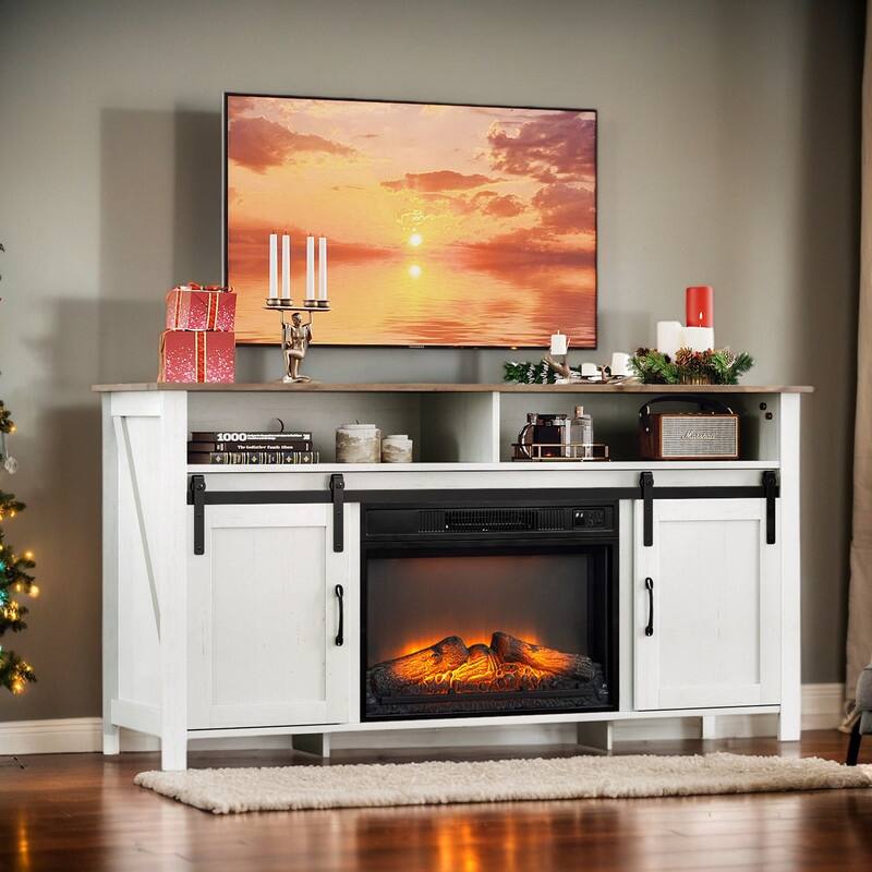 Farmhouse 59.5'' TV Stand For Tvs Up To 70'' With Electric Fireplace and Adjustable Shelves
