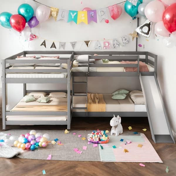 slide 2 of 27, 4 Beds In 1 Full And Twin Size L-Shaped Bunk Bed With Slide And Short Ladder,Convertible Beds for Bedroom
