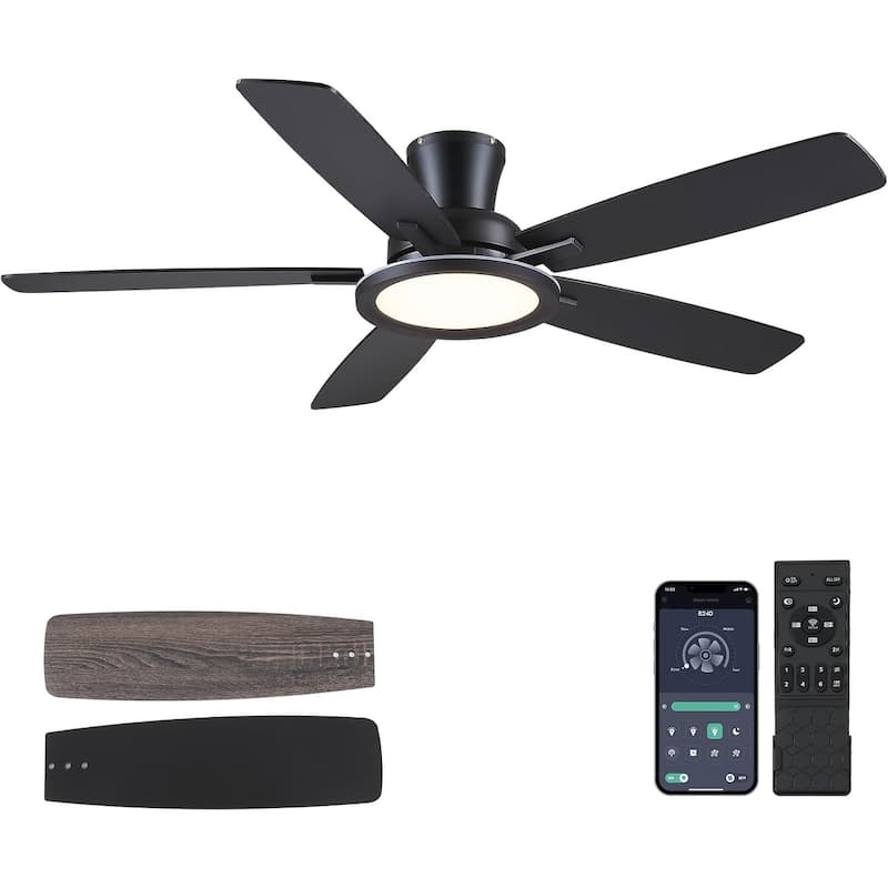 52 Inch Flush Mount Low Profile Ceiling Fan with Light,Remote and App Control - Black