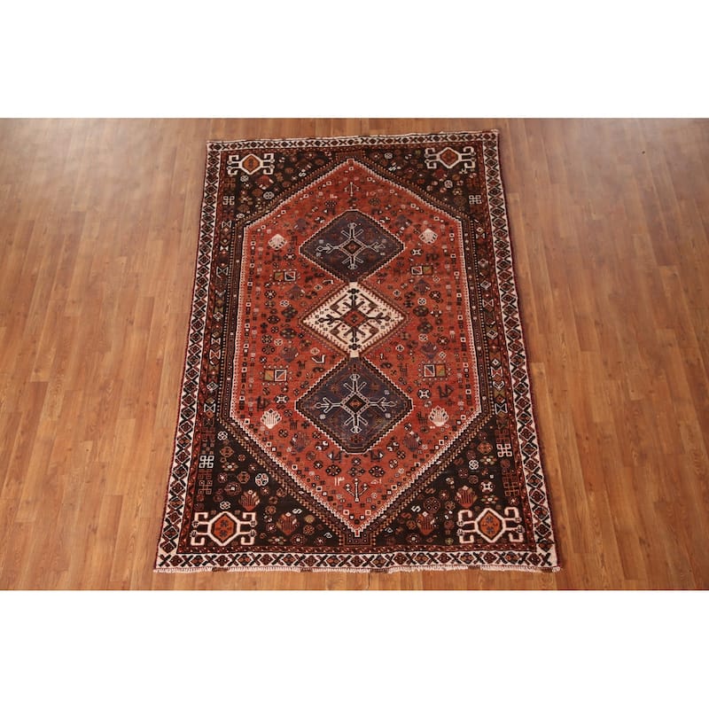 Tribal Qashqai Persian Vintage Area Rug Hand-Knotted Wool Carpet - 5'2"x 7'9"