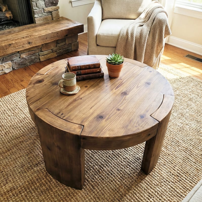 Solid Wood Round Coffee Table, 31.5 Inch Farmhouse Circle Center Cocktail Table