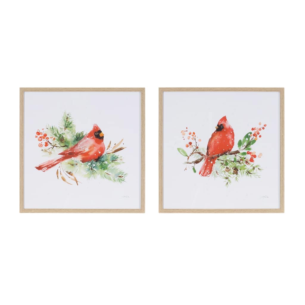 Set of 2 Seasonal Cardinal Wall Decor Rustic Framed Prints with Red Bird and Pine Branch Design - 14.25”L x 1”W x 14.25”H