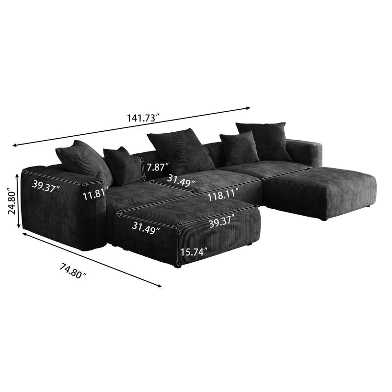 141.73" Modular Sectional Sofa, Corduroy U Shaped Sofa Couch with Ottomans