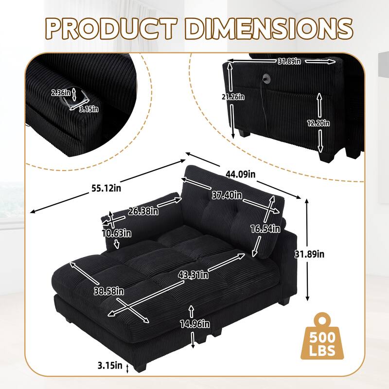 Oversized Corduroy Upholstered Single Chaise Lounge Sofa Couch Switchable Armrest with Cup Holders, USB Ports and Pockets