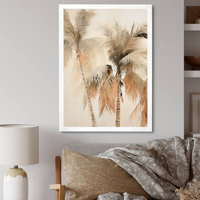 Designart "Minimalism Vintage Tropical Tranquility Palm Trees II" Palms & Palm Trees Framed Wall Art Prints - 16 in. wide x 32 in. high - White
