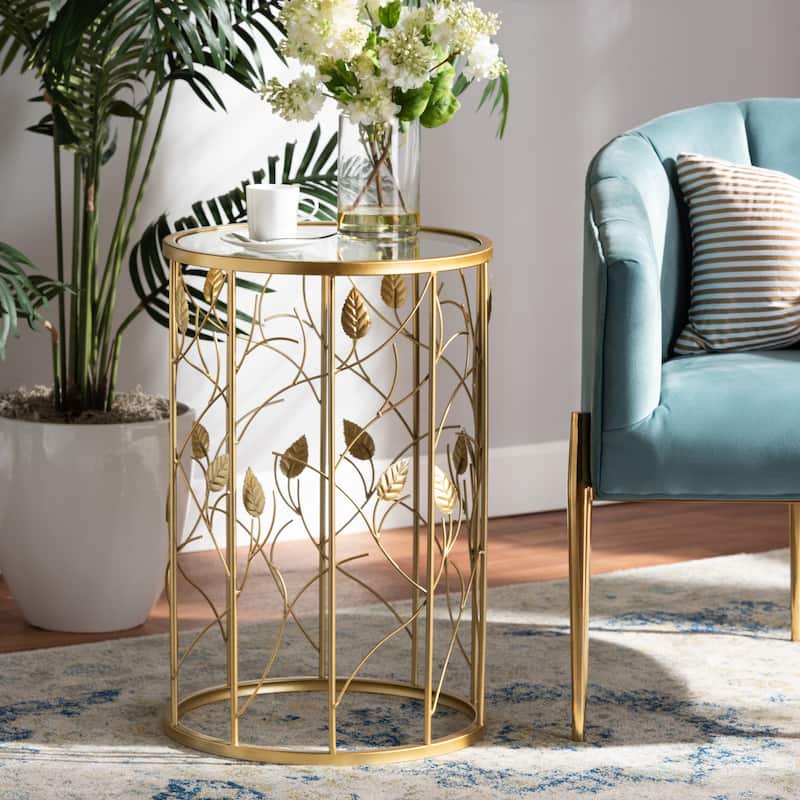 Anaya Brushed Gold Finished Metal and Glass Leaf Accent End Table