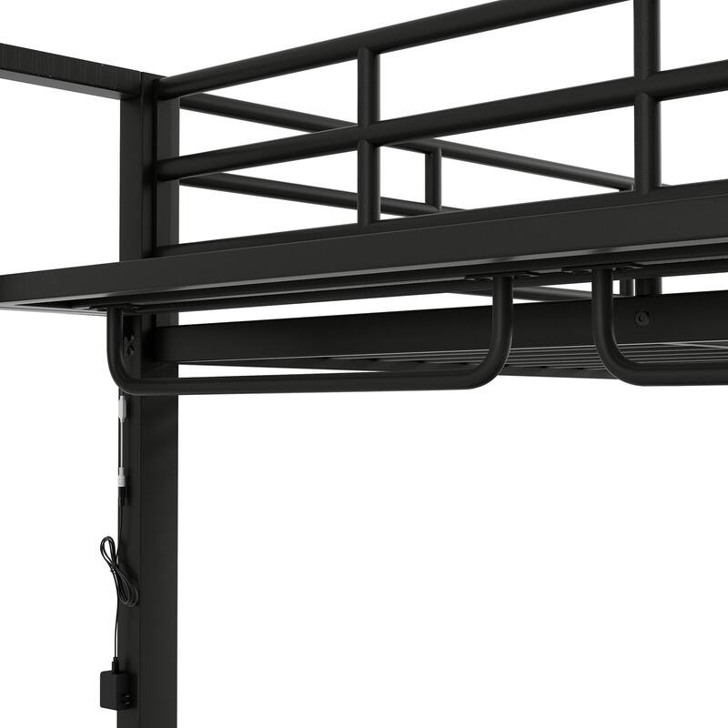 Full Size LED Bunk Bed with Storage Mesh Shelves and Clothes Hooks, Heavy Duty Metal Bunk Bed Frame, Full over Full