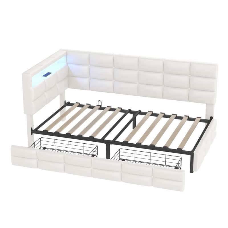 Upholstered Twin Size Daybed with LED Lights and Charging Station, Modern Storage Bed Frame with 2 Drawers