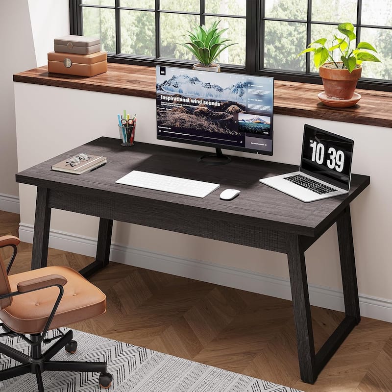 55-In Home Office Executive Desk, Solid Wood Computer Desk with Drawer - Black