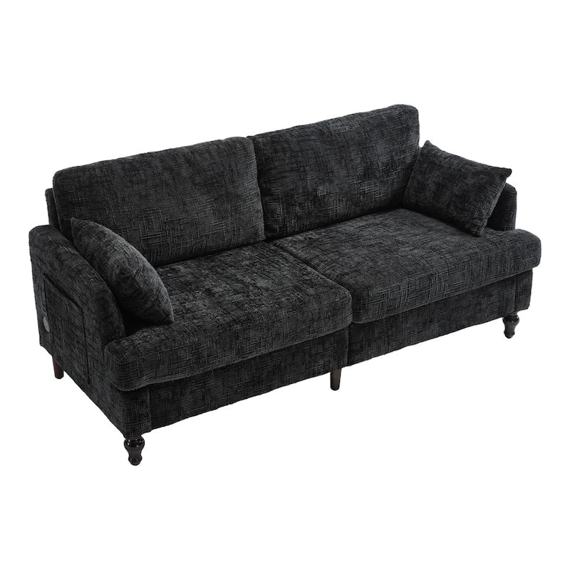 Modern Chenille 2-Seater Wood-Legged Sofa with LED light, USB Charging Port and Storage Bag