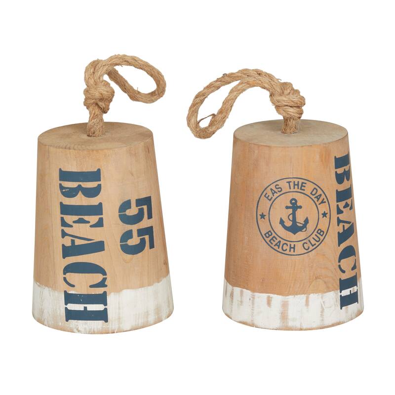 Brown Wood Door Stopper Buoy Decorative Sculpture with Rope Accents (Set of 2)