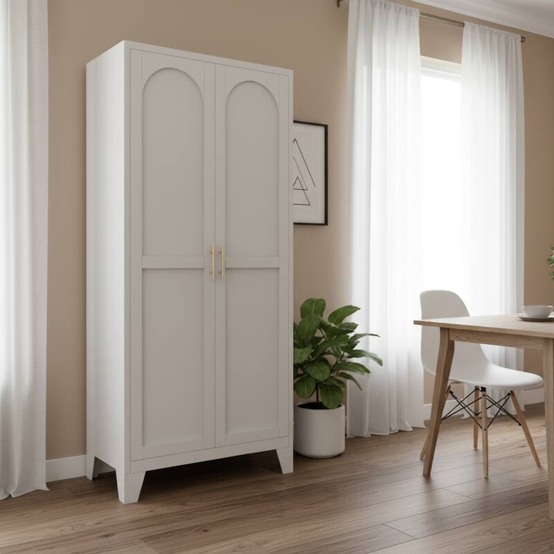 HomeRoots 61" White Stainless Steel Pantry Or Storage Closet With Arched Panel Doors - 27.60 in. x 61.00 in. x 13.80 in. - White