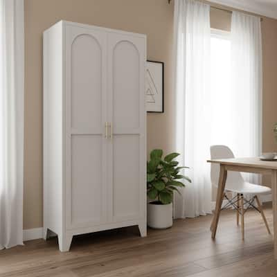 HomeRoots 61" White Stainless Steel Pantry Or Storage Closet With Arched Panel Doors - 27.60 in. x 61.00 in. x 13.80 in.