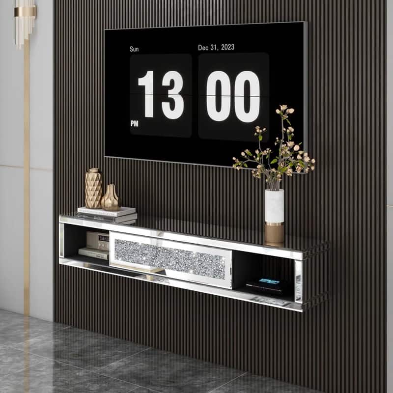 Mirrored Floating TV Shelf Crushed Diamonds Wall Mounted