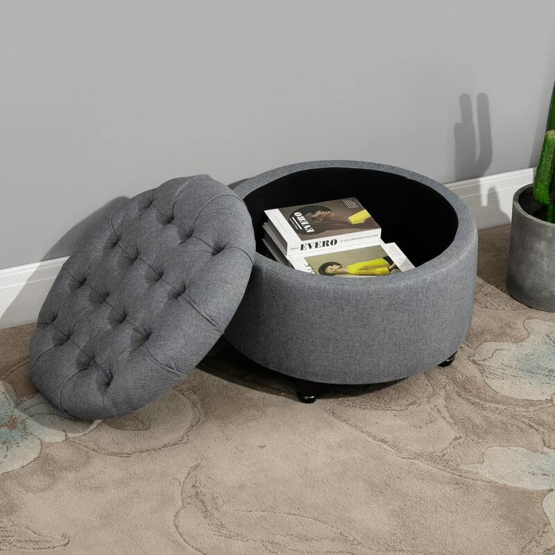 HOMCOM Round Linen Fabric Storage Ottoman Footstool with Removable Lid