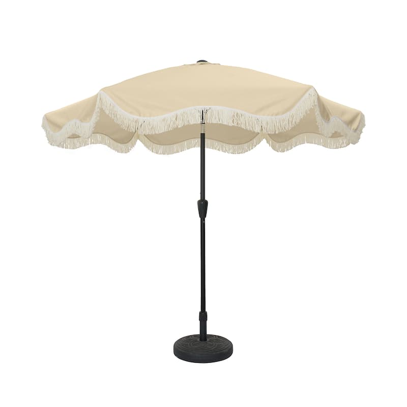 Clihome 9 Ft. Bohemian Fringed Patio Market Umbrella - Beige With A-base
