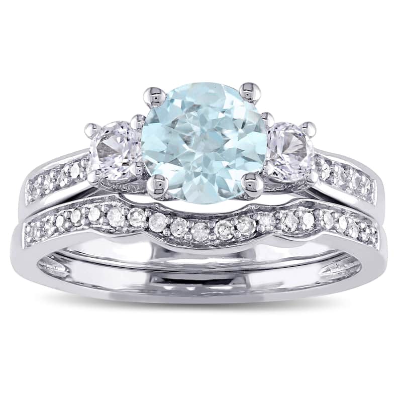 Miadora 10k White Gold Aquamarine Created White Sapphire 1/7ct TDW Diamond 3-stone Bridal Ring Set
