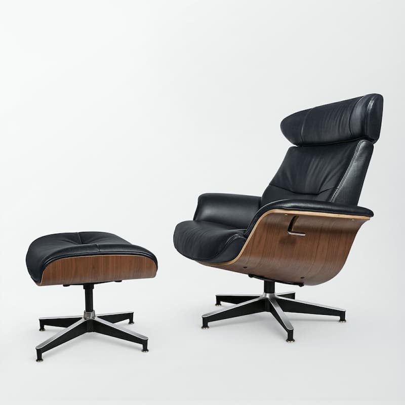 HomeRoots 33" Black and Walnut Leather And Wood Swivel Lounge Chair With Ottoman - 33.46 in. x 40.55 in. x 41.73 in.