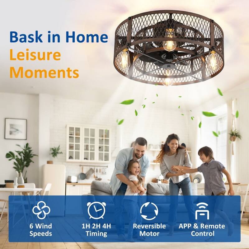 20-26Inch Caged Ceiling Fan with Light and Remote: APP Control Quiet DC Motor (E26 Bulbs Included)