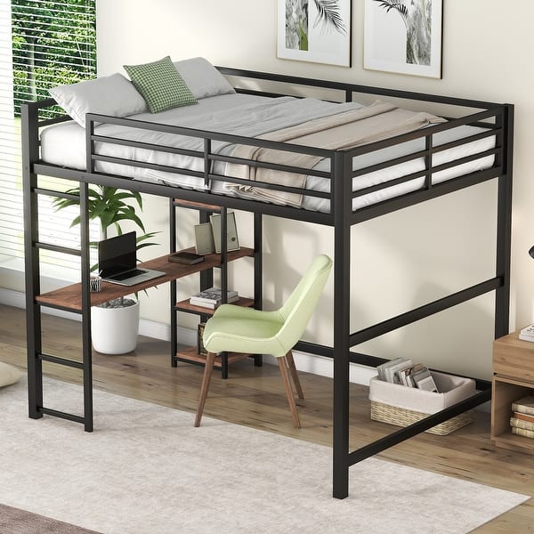 slide 2 of 14, Industrial Full Size Metal Loft Kids Bed with Ladder,Guardrail,Built-in Desk and Storage Shelves Black