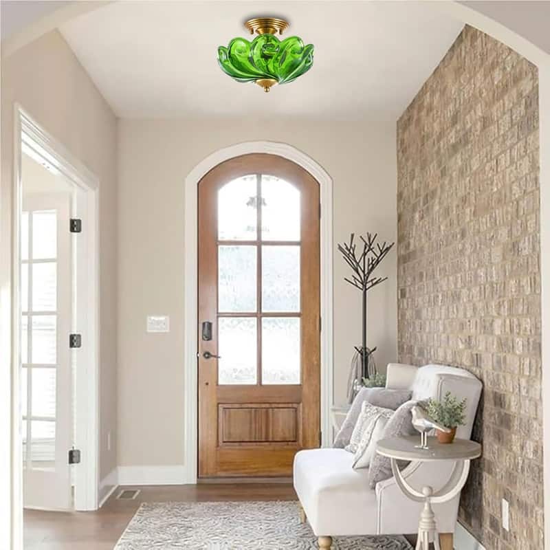 3 Light semi flush mount lighting green ceiling lighting glass bedroom light