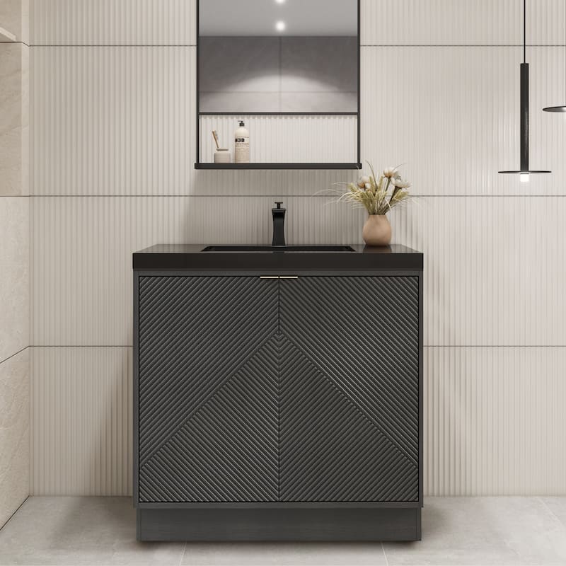 Milano 36" Freestanding Bathroom Vanity with Black Acrylic Sink - 35.42" x 19.49" x 35.46'' - Black