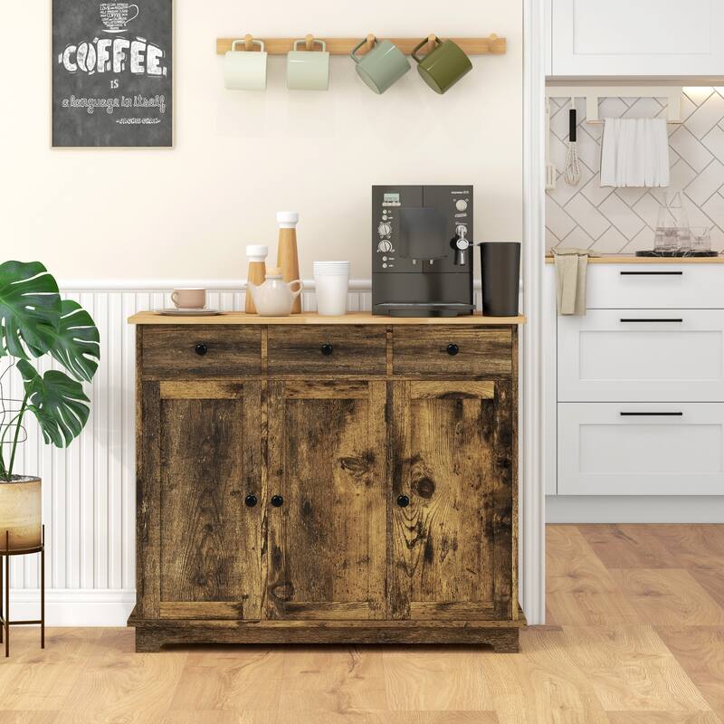 Modern Storage Cabinet with Solid Wood Countertop, 3 Drawers and Adjustable Shelf