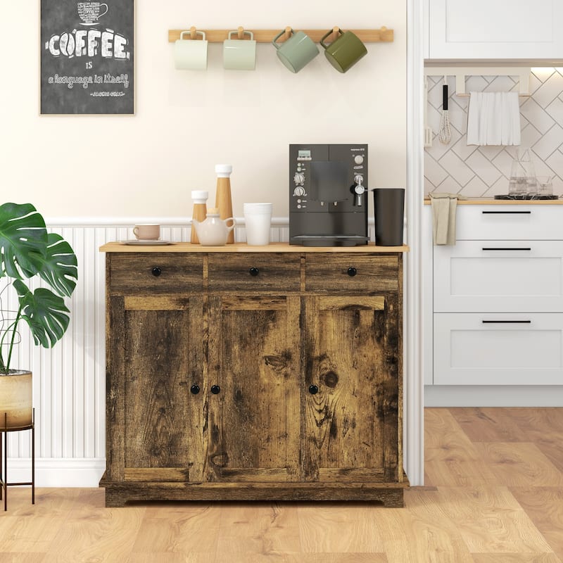 Sideboard with Solid Wood Countertop, Modern Kitchen Storage Cabinet, Coffee Bar Cabinet with 3 Drawers, Doors