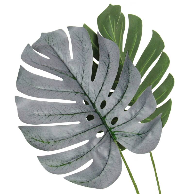 Set of 12 Frosted Green Artificial Philodendron Monstera Split Leaf Stem Plant Greenery Foliage Spray Branch 24in