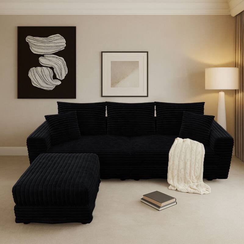 Modern Corduroy Fabric Upholstered Sectional Sofa with Ottoman - Black-3 Seater with an Ottoman