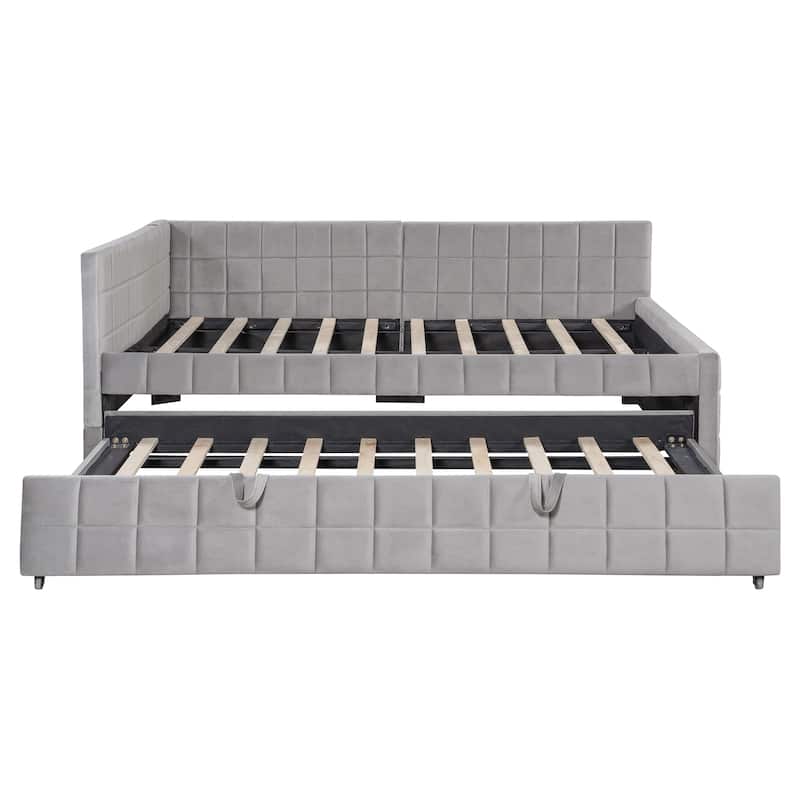 Full Size Daybed with Pull-Out Lift-Up Trundle, Upholstered Daybed Platform Bed with Stripes L-Shaped Backrest and Wood Slats