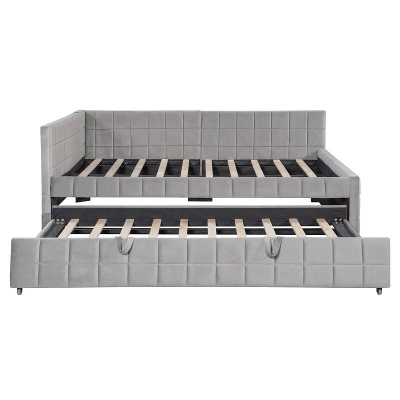 L-Shaped Upholstered Daybed with Pop Up Trundle, Checkered Tufted Sofa Bed Built-In USB Charging Ports, Full Sleeper Sofa Bed