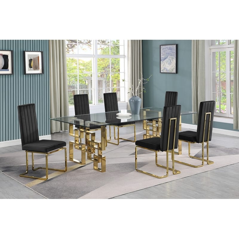 Best Quality Furniture Big Glass Dining Sets - 7pcs - Gold Chrome - Black
