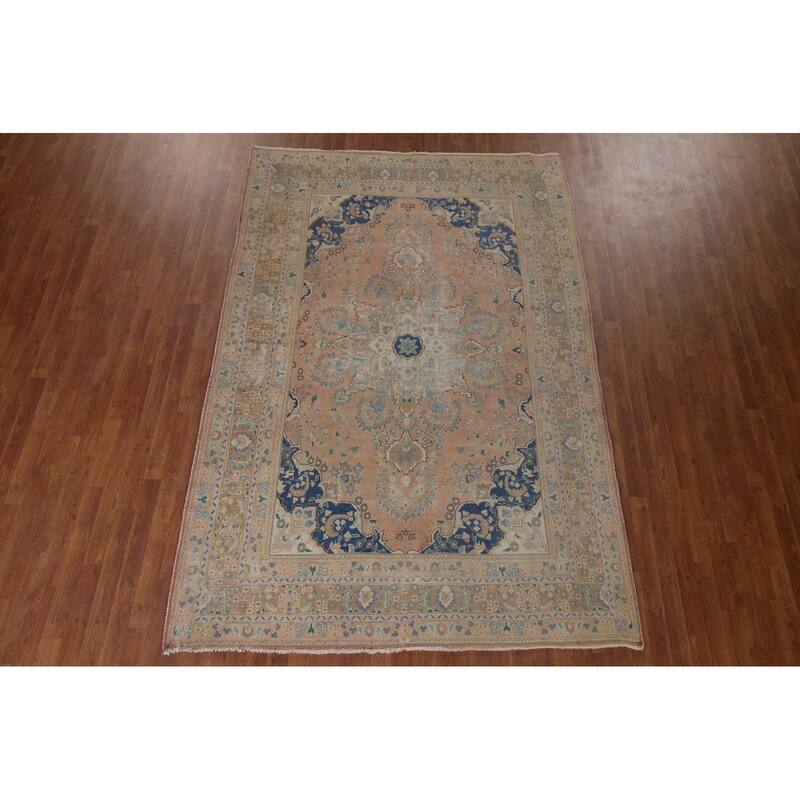 Distressed Mashad Persian Antique Area Rug Handmade Wool Carpet - 6'6" x 9'8"