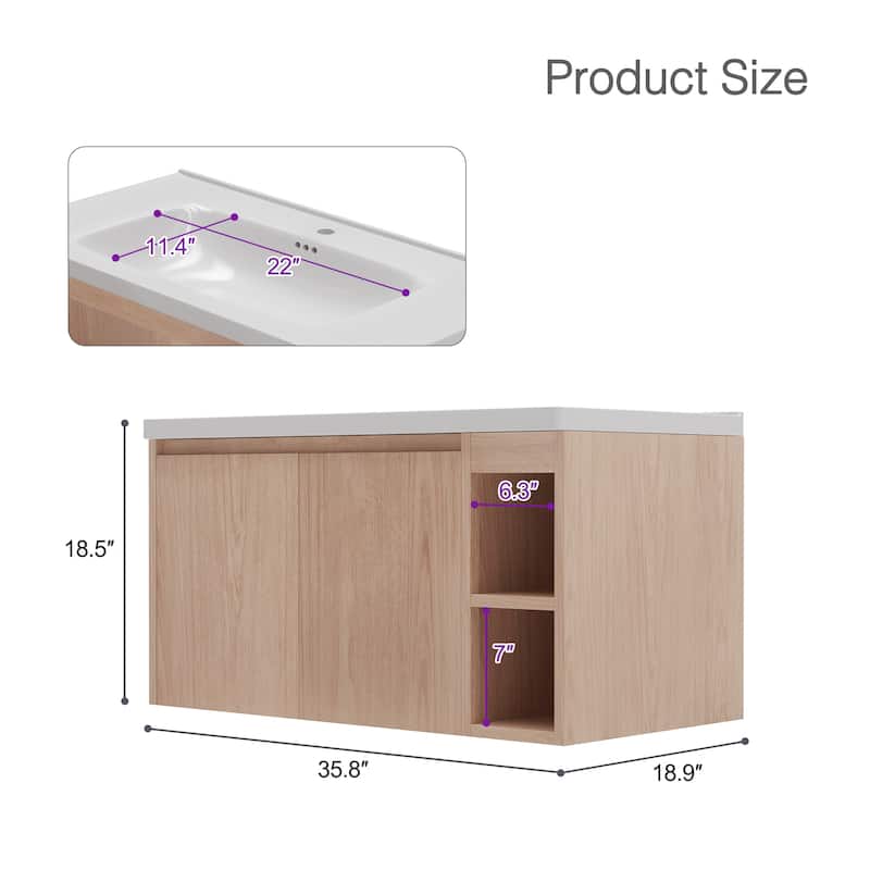 Modern 35.8" Wall-Mounted Single Bathroom Vanity with Ceramic Top - L 35.7'xW 18.9'
