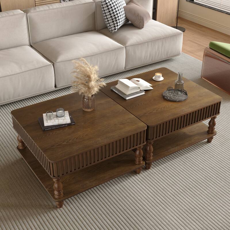 Roomfitters 31.5" Square Lift Top Coffee Table, Fluted Storage Center Table with Hydraulic Mechanism and Solid Wood Legs