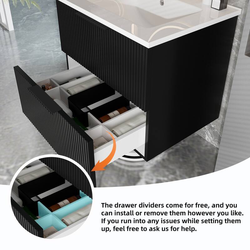 24" Floating Bathroom Vanity with Ceramic Sink - Wall Mounted Fluted Vanity Cabinet with Drawers, for Small Bathrooms