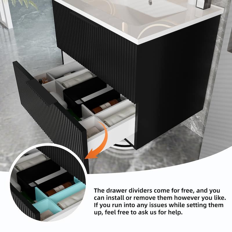 30 Inch Floating Bathroom Vanity with Ceramic Sink, Wall Mounted Fluted Cabinet with Drawers, Modern MDF Design