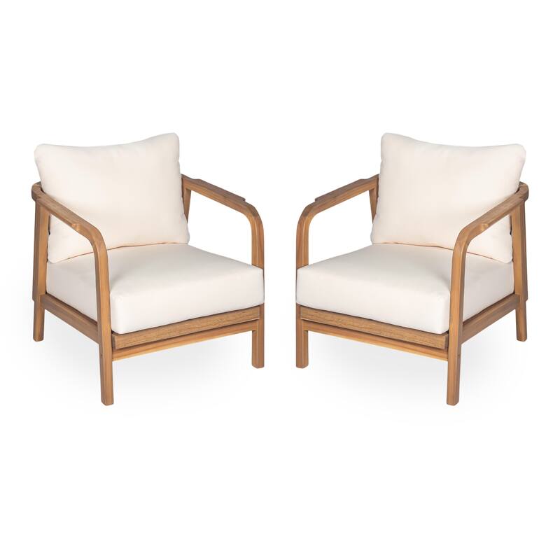 [Set of 2] 28" Outdoor Lounge Chair with Woven Backrest, Solid Wood Frame, Comfortable Cushions, and Curved Armrests