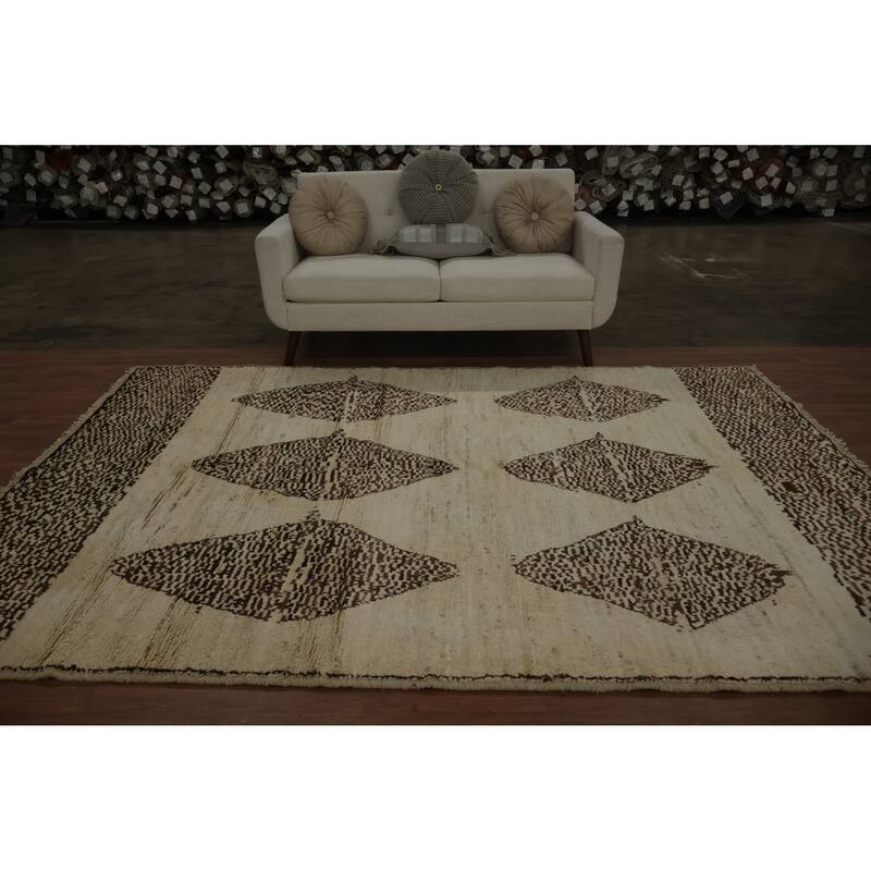 Hand Knotted Oriental 100% Wool Carpet Modern Tribal Beige & Ivories Moroccan Area Rug - 9' 7'' X 6' 8''