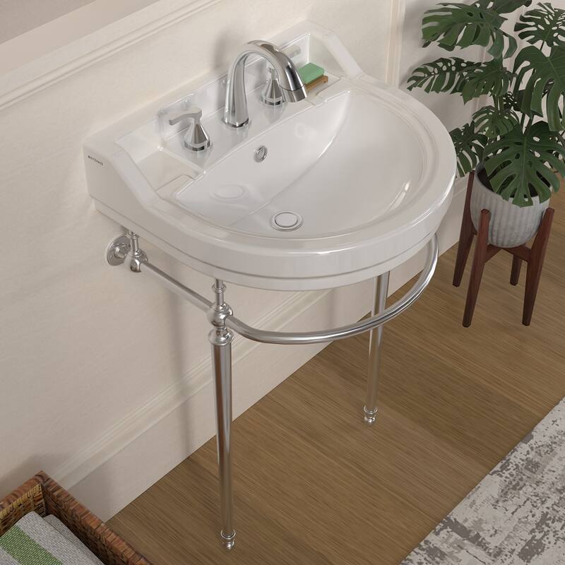 Whitehaus Console Sink With Semi-Circular Bowl, Metal Leg Supports and Front Towel Bar.