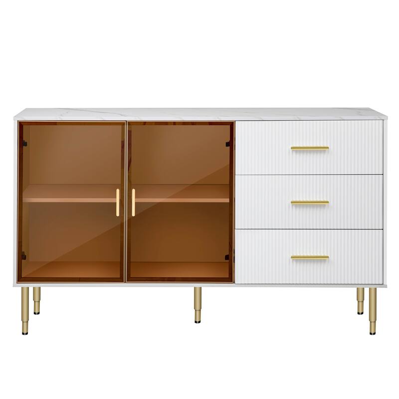 Luxury Storage Cabinet with Marble Finish, Gold Legs & Tempered Glass Doors for Modern Living Spaces