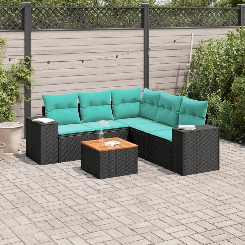 vidaXL 6 Piece Patio Sofa Set with Cushions Black Poly Rattan - 24.4 x 24.4 x 27.2 - Black-Table + corner + 2x middle