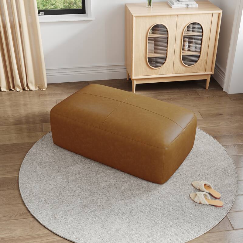 Upholstered Genuine Leather Ottoman for Living Room and Bedroom