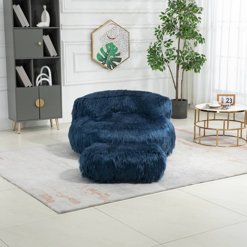 Fluffy Bean Bag Chair with Ottoman, Comfy Bean Bag Lounger for Adults and Kids, Ultra Soft Lazy Sofa Chair with Memory Foam